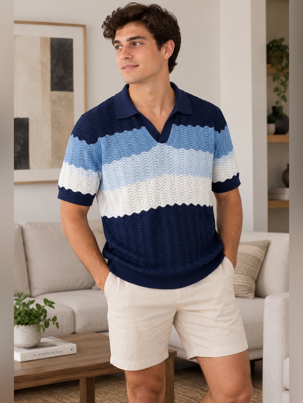 ROWM Men’s Supima Cotton Crochet Knit Colorblock V-Neck Polo Shirt Size Medium